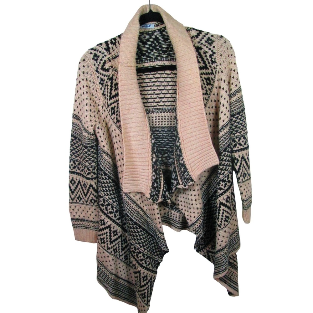 SUNCOO Paris Cardigan Sweater One Size Beige Black Aztec Print Waterfall